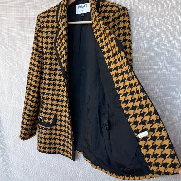 VINTAGE Houndstooth Black Gold Plaid Blazer Structured Flap Pockets Blac… - Picture 13 of 16